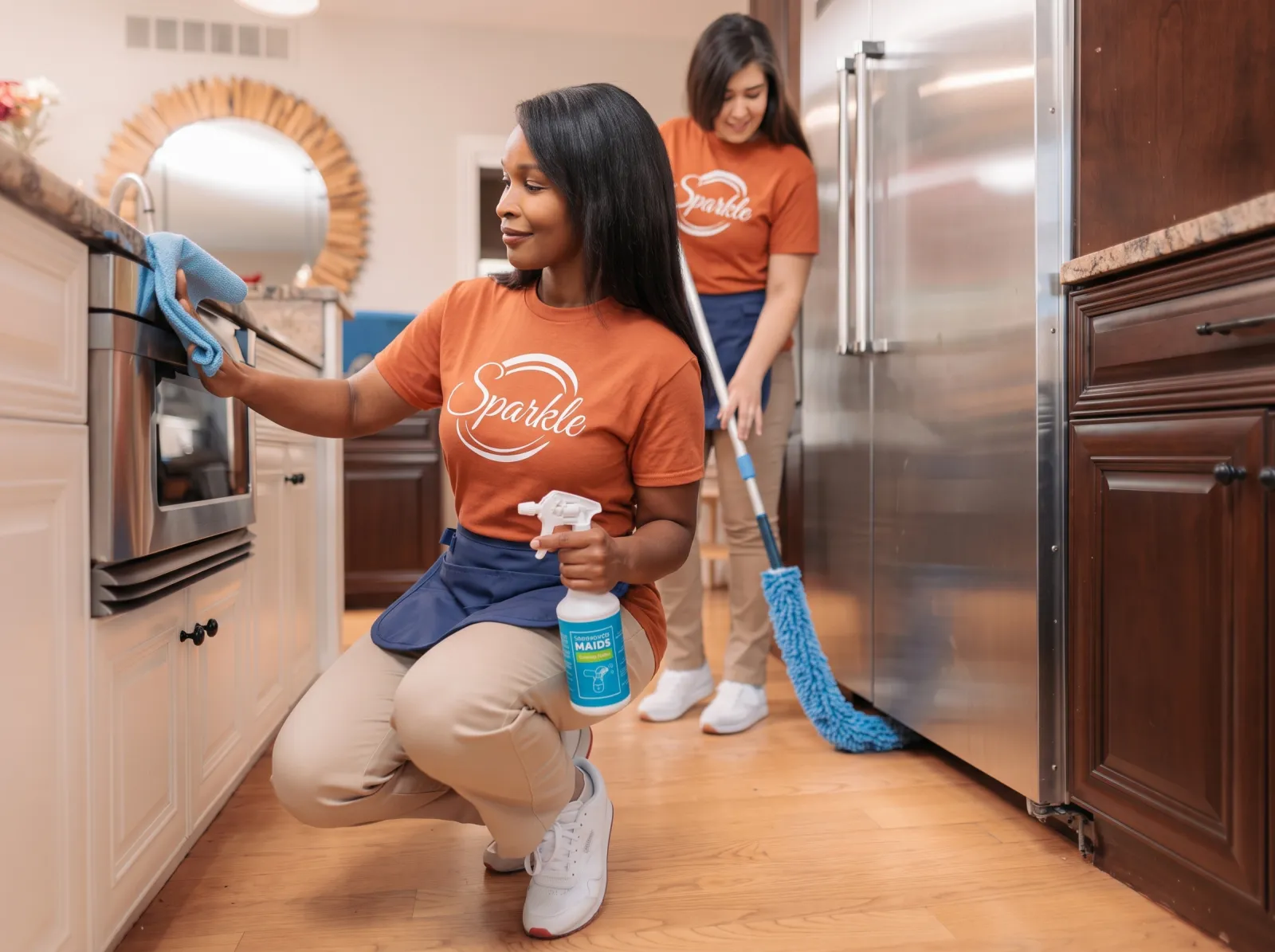 Two Sparkle professionals deep cleaning a kitchen
