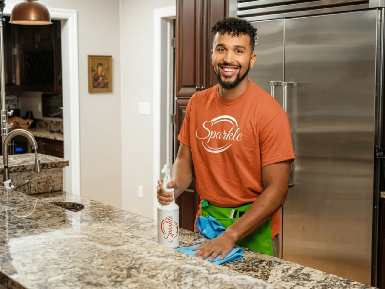 Smiling Sparkle professional wiping a kitchen countertop
